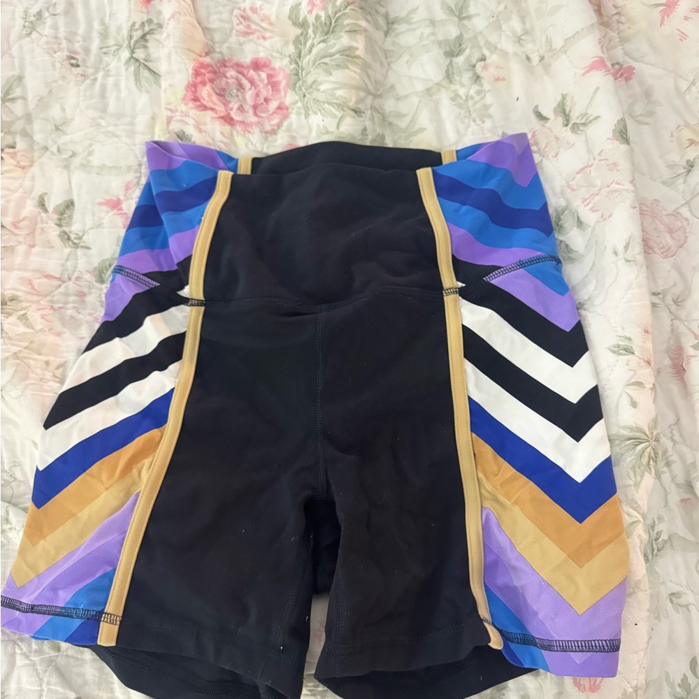 Free People Black Bike Shorts with Purple, Blue & Gold Chevron Panels